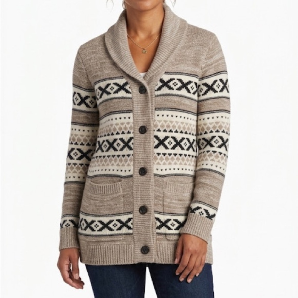 Wool Nordic Fair Isle Shawl Button SANSARA Cardigan Cabincore Cowichan Sweater L